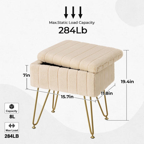 Greenstell Vanity Stool Chair Faux Fur with Storage, 15.7"L x 11.8"W x 19.4"H Soft Ottoman 4 Metal Legs with Anti-Slip Feet, Furry Padded Seat, Modern Multifunctional Chairs for Makeup, Bedroom,Camel GREENSTELL