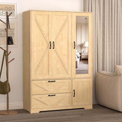 CORAZAZA 72" Armoire Wardrobe Closet with Mirror Door,3 Doors Farmhouse Bedroom Armoire with Drawers and Adjustable Shelves,Wooden Armoire Wardrobe Closet with Hanging Rod for Bedroom(Natural)