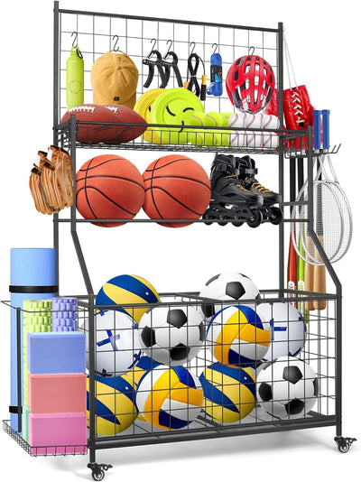 MUONM Sports Equipment Organizer,Garage Ball Storage Rack with Basketball Rack,Golf Bag Organizer Toy Sports Gear Storage with Hooks and Rolling Wheels Cart,Black