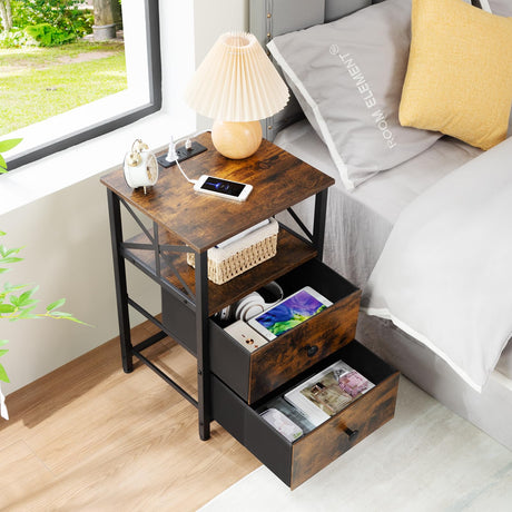 AMHANCIBLE Night Stand Set 2, Nightstand with Charging Station, End Tables Living Room with USB Ports and Outlets, Bedside Tables with Fabric Drawers for Bedroom, Rustic Brown HET05XBR AMHANCIBLE
