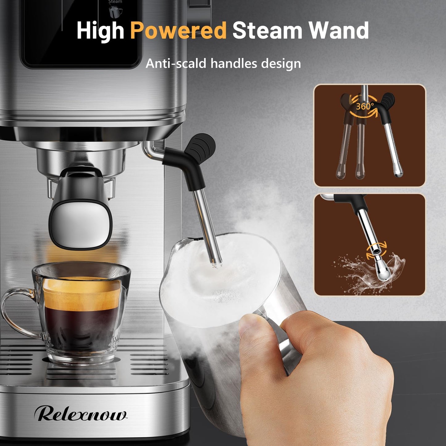 RELEXNOW Espresso Machine, 20 Bar Espresso Maker Milk Frother & LCD Panel, Hot & Iced Coffee Machine, Stainless Steel Espresso Coffee Machine with 41oz Water Tank for Cappuccino, Latte