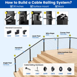 Muzata 4Pack Black Super Thin Intermediate Cable Railing Post 36 Inch 36"x3/8"x2" Level Drilled Surface Mount T304 Stainless Steel Cable Railing System Kit Indoor Outdoor PS32 BH4S Muzata