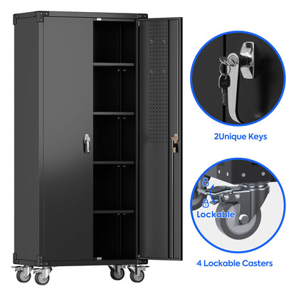 JAORD Metal Storage Cabinet Wheels,72'' Lockable Storage Cabinet with Wheels and Pegboard, Garage Cabinet with Doors and Shelves, Rolling Tool Cabinet for Office Home, Assembly Required(Black)