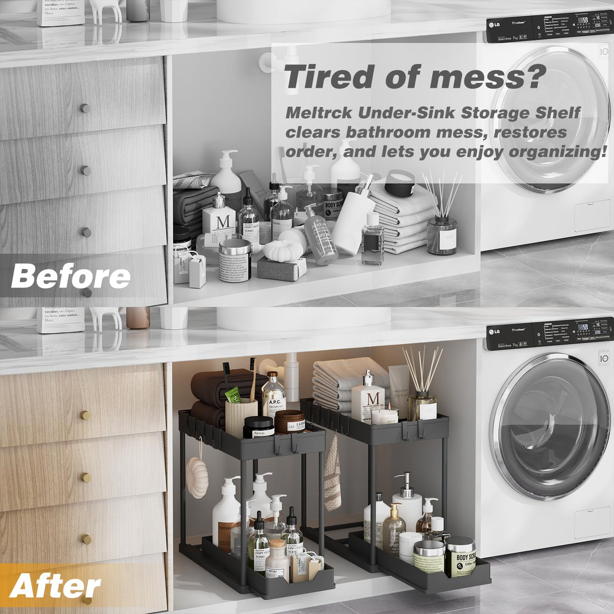 Meltrck Under Sink Organizer 2 Pack,Bathroom Under Cabinet Storage with Pull Out Sliding Drawers for Kitchen Organization,12.8 Inch,Black Meltrck