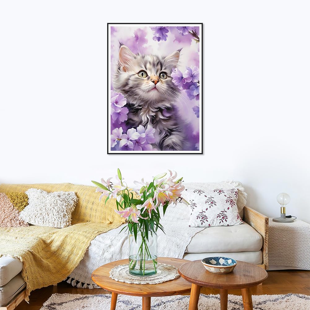 SJUTOUCI Diamond Painting Kits for Adults, Cat in Flower Diamond Art Kits for Beginners, 5D DIY Diamond Bead Dot Art, Full Drill Round Gem Craft Home Decor 12x16 inch SJUTOUCI