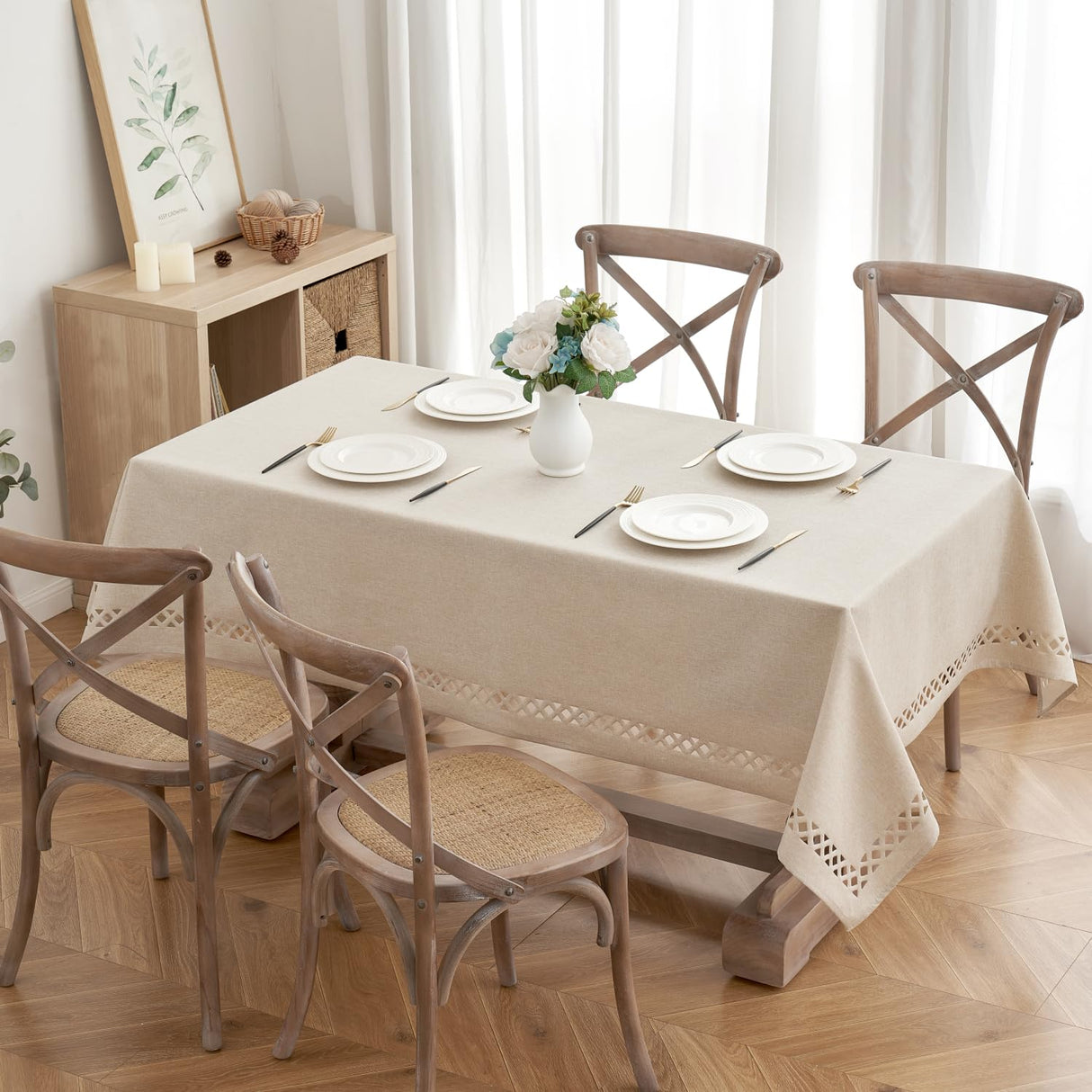 MIULEE Natural Thick Polyester Linen Rectangle Tablecloth with Decorative Cutouts Waterproof Stain and Wrinkle Resistant Table Cloth Farmhouse Table Cover for Thanksgiving Dining Party, 55 x 120 inch MIULEE