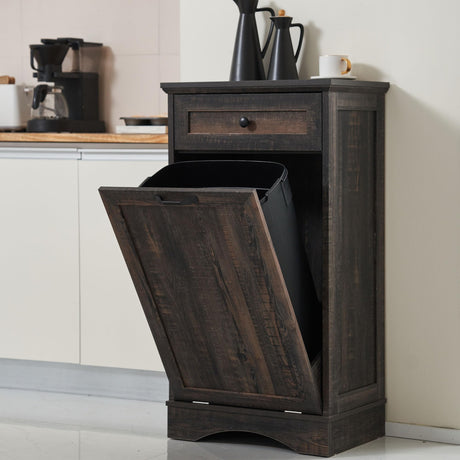 AHB 13 Gallons Tilt Out Trash Cabinet Free Standing Kitchen Trash Cabinet Recycling Cabinet with Hideaway Drawer Pet Proof Trash Can Cabinet for Kitchen Living Room, Rustic Brown AHB