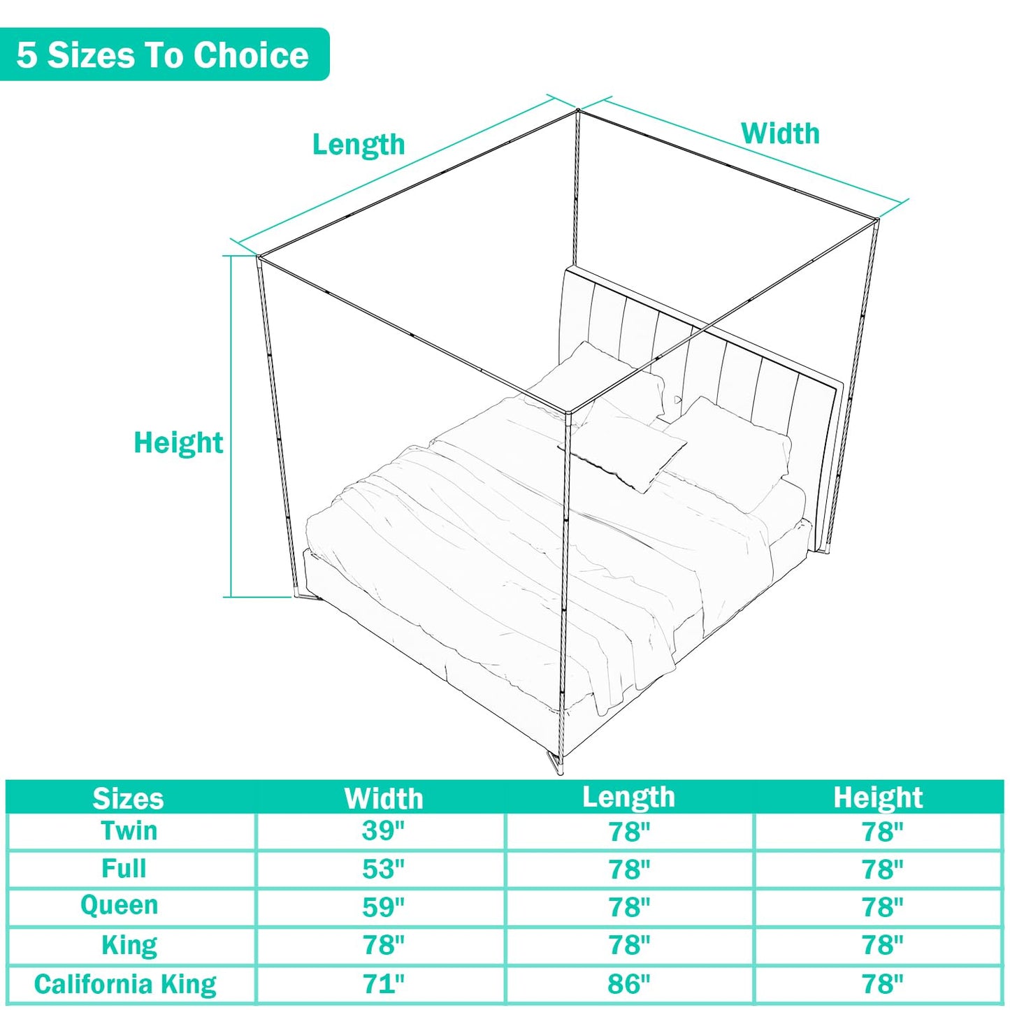 Queen Size Canopy Bed Frame,Stainless Steel Bed Canopy Frame Attachment,Frame Poles for Metal Bed or Wood Bed Mosquito Net or Curtains Décor in The Bedroom