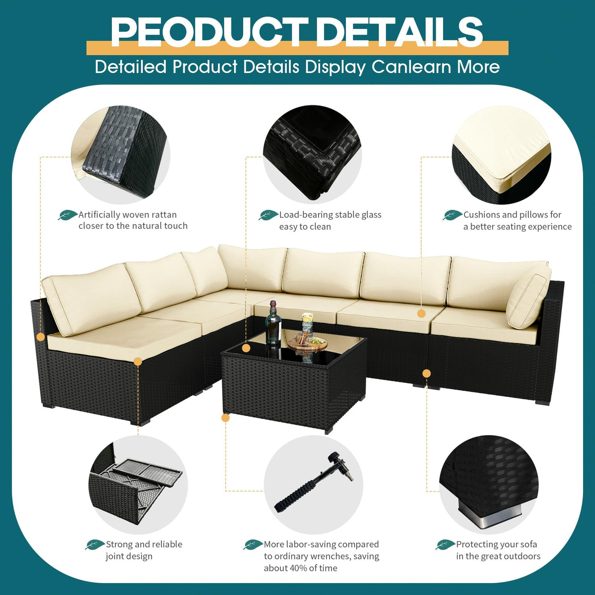 ELEGIBLISS 7 Pieces Patio Furniture Set - Outdoor Sectional Wicker Rattan Furniture with Cushion and Glass Table Patio Conversation Sets for Porch Poolside Backyard Outdoor Sofa Set Modular Sofa ELEGIBLISS