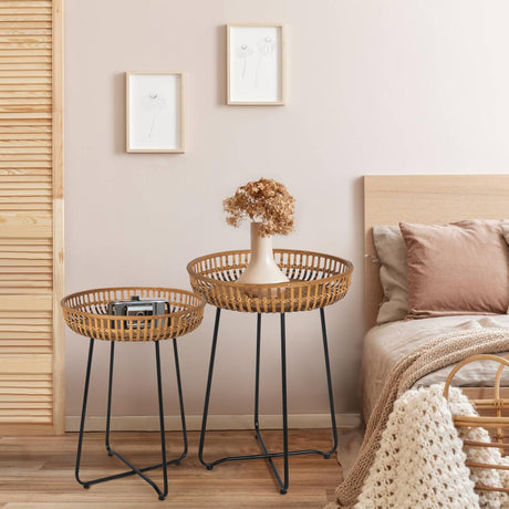 Oakrain Rattan Side Table Nesting Tables Set of 2, Bamboo Round Table Coffee Table Metal Base End Table for Boho Living Room, Sofa, Bedroom, Terrace, Accent Table(20.47inch) Oakrain