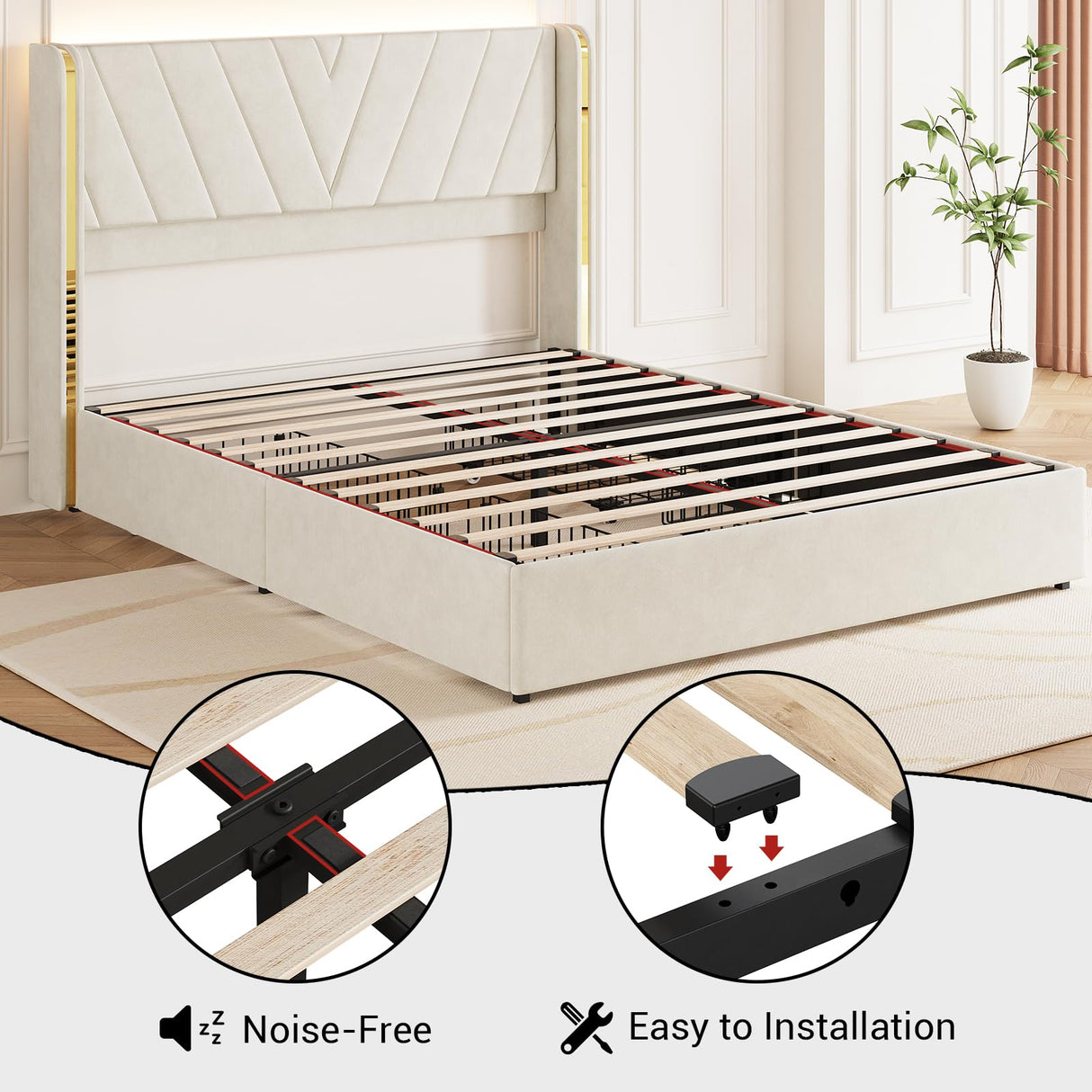 Queen Upholstered Led Bed Frame with 4 Storage Drawers, Queen Size Bed Frame with RGB Led Lights, Velvet Platform Bed Frame with Wingback Headboard, No Box Spring Needed, Noise Free, Easy Assembly JoanKaren