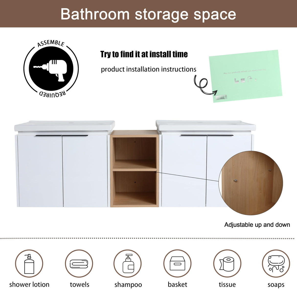 Malwee 60" Floating Bathroom Vanity with White Ceramic Basin Sink Top, 60 Inch Double Sink Wall Mounted Bathroom Vanity, with 4 Doors and Storage Shelve Malwee