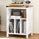 Record Player Stand with Vinyl Storage Cabinet, Record Player Table with 3 Divider Open Shelf Holder Up to 160 Albums Cube Storage, Record Shelf with Outlet Hole for Album CD & Living Room, White 4 EVER WINNER