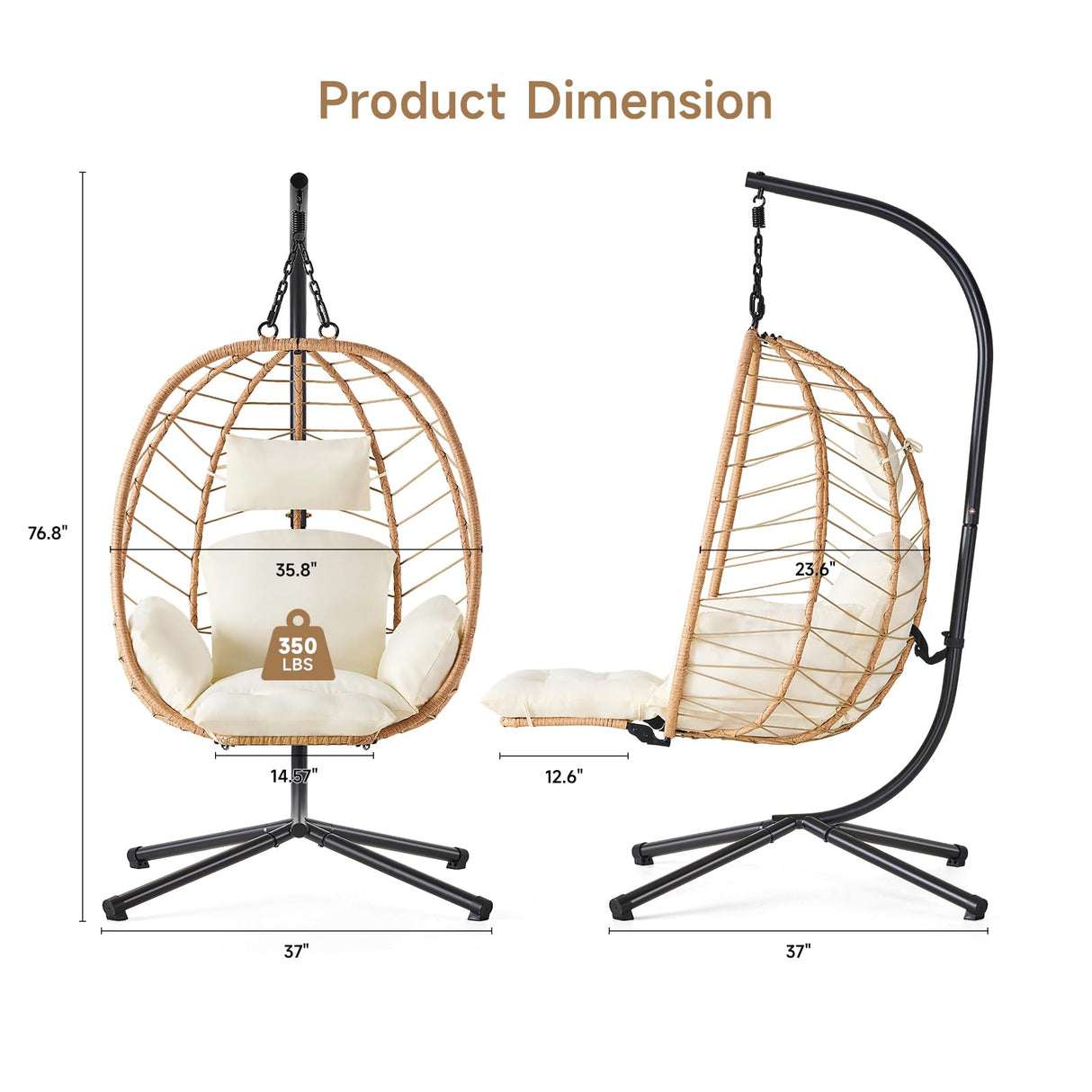 ONBRILL Hanging Egg Chair with Adjustable Footrest & Stand, Wicker Rattan Swing Hammock Chair with Cushion & Double Chains, 350LBS Capacity for Outdoor & Indoor Patio, Deck, Bedroom, Balcony (YE-BE) ONBRILL