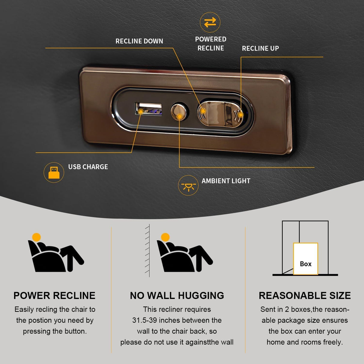 AHMED Power Recliner Chair, Home Theater Seating with LED Ambient Lighting, PU Leather Lazy Sofa Heat Massage Chair with Cup Holders/Side Pockets/USB Ports for Living Room (Black, Single) AHMED