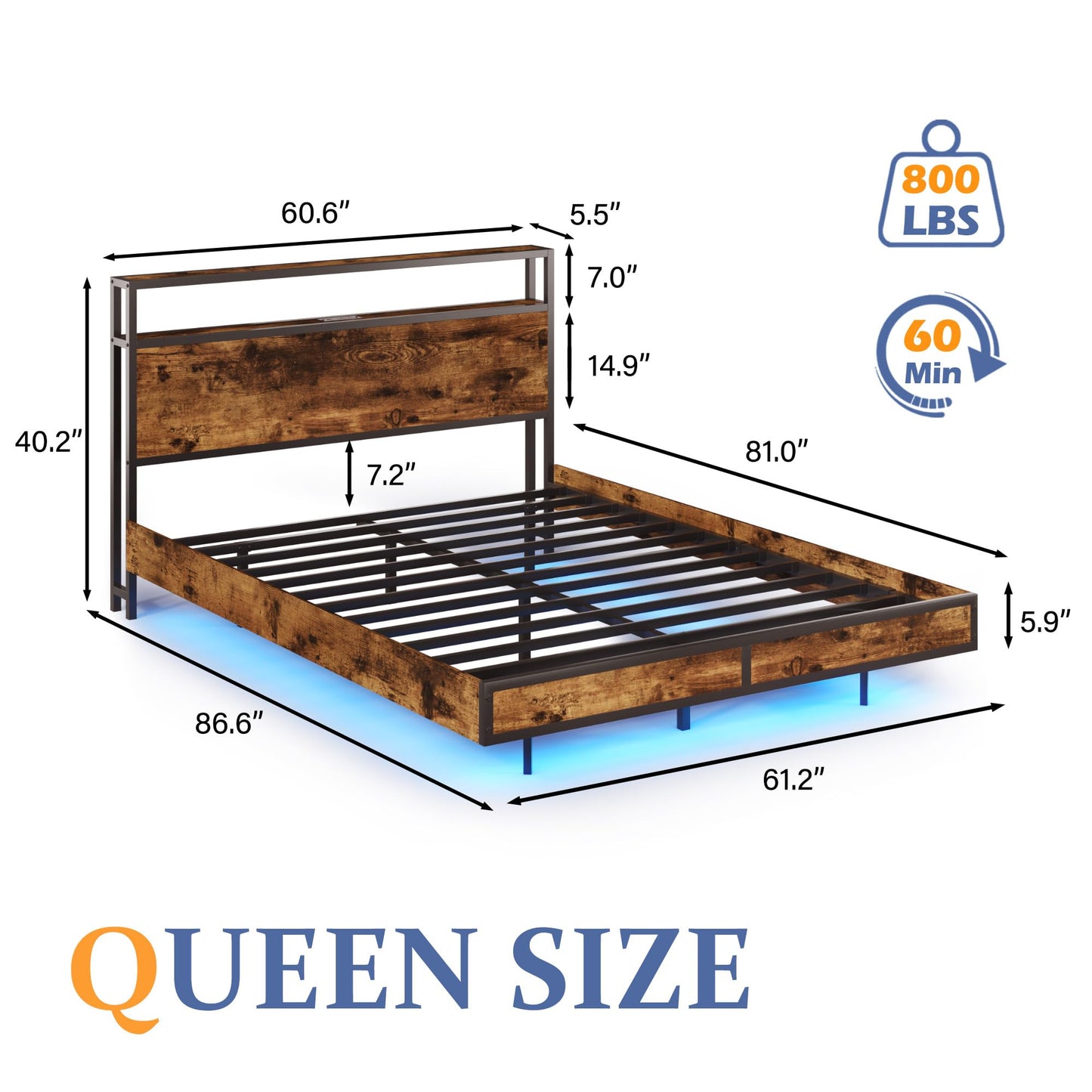 Lifezone Vintage Brown Floating Queen Bed Frame with LED Lights and Charging Ports - WoodArtSupply