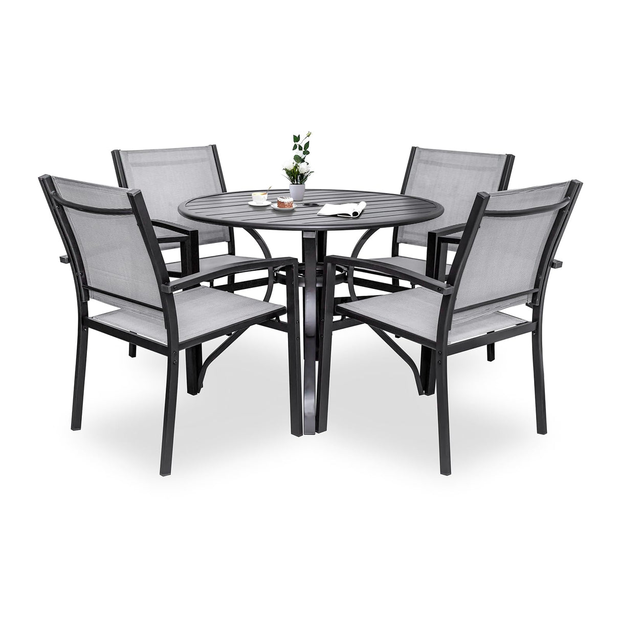 LEVELEVE 5 Piece Patio Dining Set,Outdoor Furniture 4 Textilene Chairs & 1 Round 38"x 38" Metal Slatted Table with 1.5" Umbrella Hole,Outside Porch Deck Balcony Backyard Set for 4 LEVELEVE