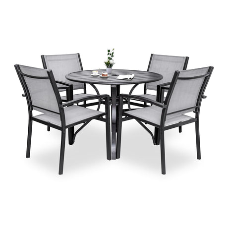 LEVELEVE 5 Piece Patio Dining Set,Outdoor Furniture 4 Textilene Chairs & 1 Round 38"x 38" Metal Slatted Table with 1.5" Umbrella Hole,Outside Porch Deck Balcony Backyard Set for 4 LEVELEVE