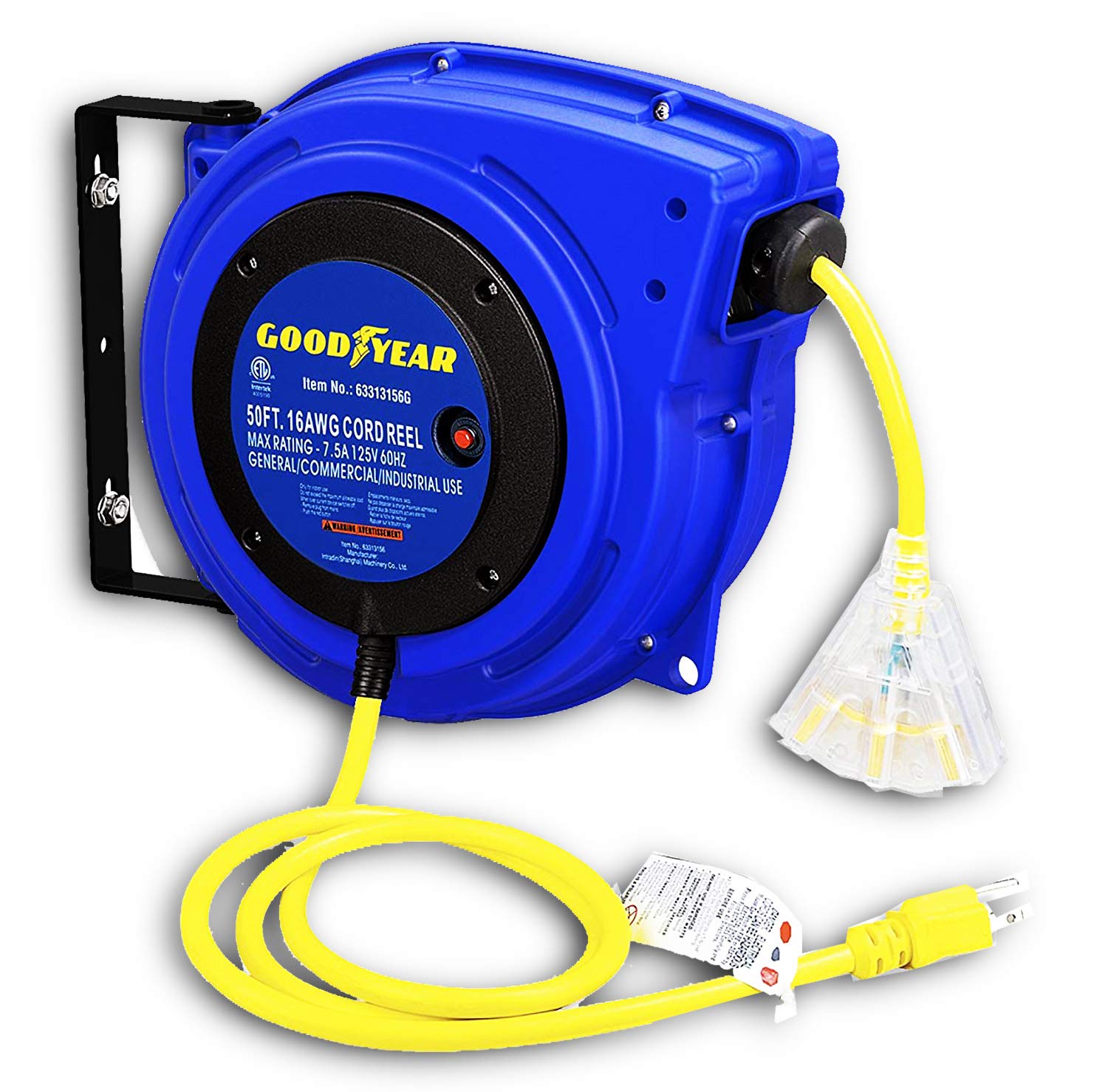 Goodyear Extension Cord Reel Retractable 16AWG x 50' Foot 3C/SJTOW Commercial Cable LED Triple Tap Connector Power 10A 125VAC 938W - WoodArtSupply