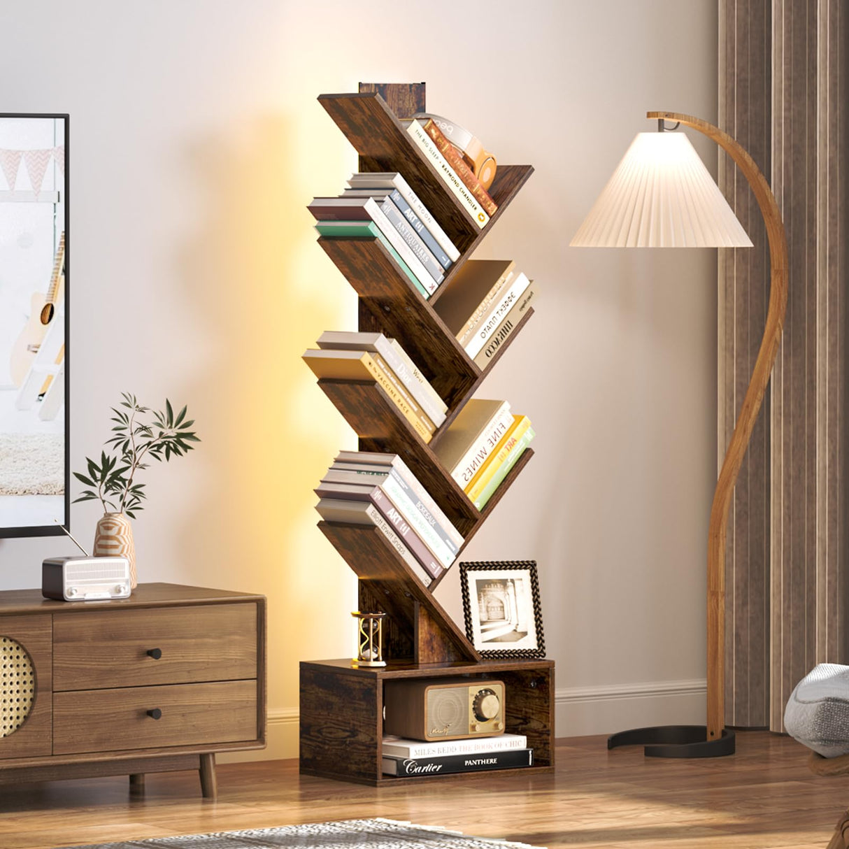 Yoobure Tree Bookshelf with LED Light, 6 Tier Book Shelf, Small Bookcase Narrow Bookshelves with Storage, Wood Book Case Organizer for CDs/Books, Floor-Standing Rack for Bedroom, Office, Rustic Brown Yoobure