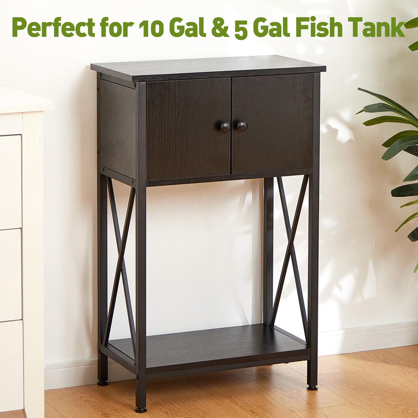 LAQUAL 10 Gallon Fish Tank Stand with Cabinet, Double Aquarium Stand for 10 & 5 Gallon Fish Tank, Heavy Metal Stand with Stable Structure, Adjustable Table Feet & Anti-tilt Device - Black