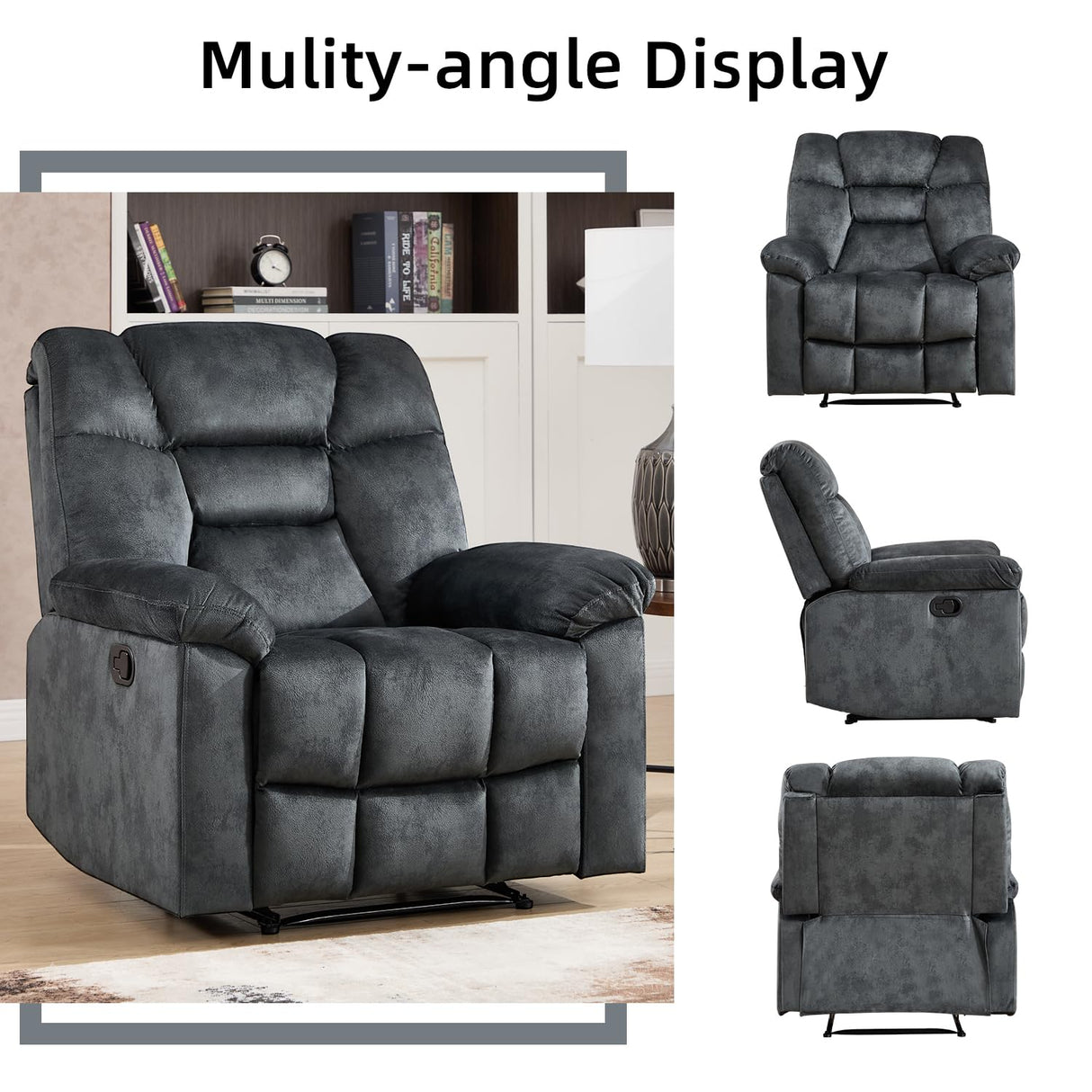 CANMOV Manual Recliner Single Sofa, Wall-Hugger Reclining Couch, Upholstered Sofa Chair with Armrests, Fabric Reclining Couch with Soft Cushion for Living Room, Grey CANMOV