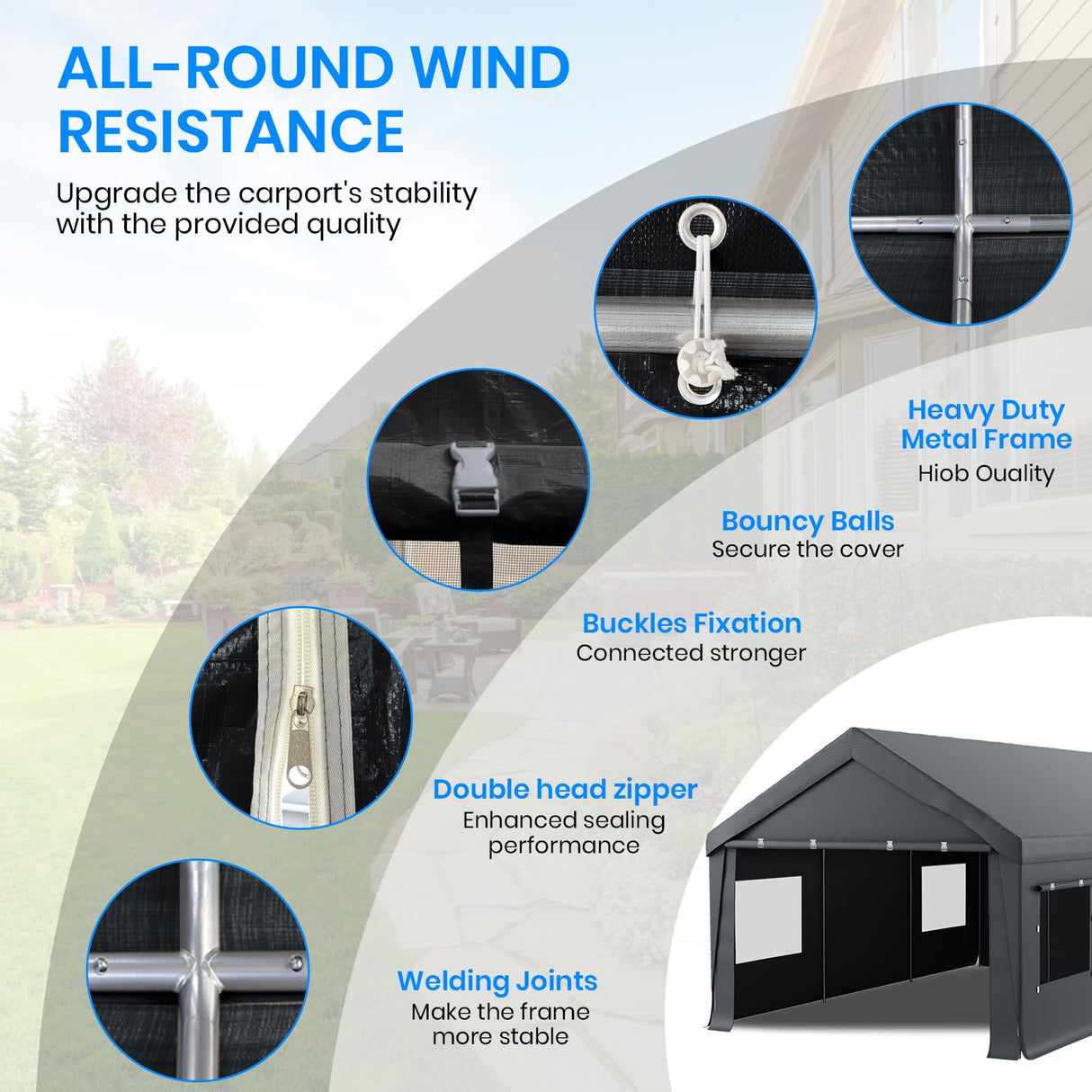 Carport 12x20 Heavy Duty Portable Garage,Carport Canopy with Roll-Up Windows & Doors,Portable Garage and Shelter with Removable Sidewalls,Car Tent Garage with All-Season Tarp for Truck Boat Tractor BUPPLEE