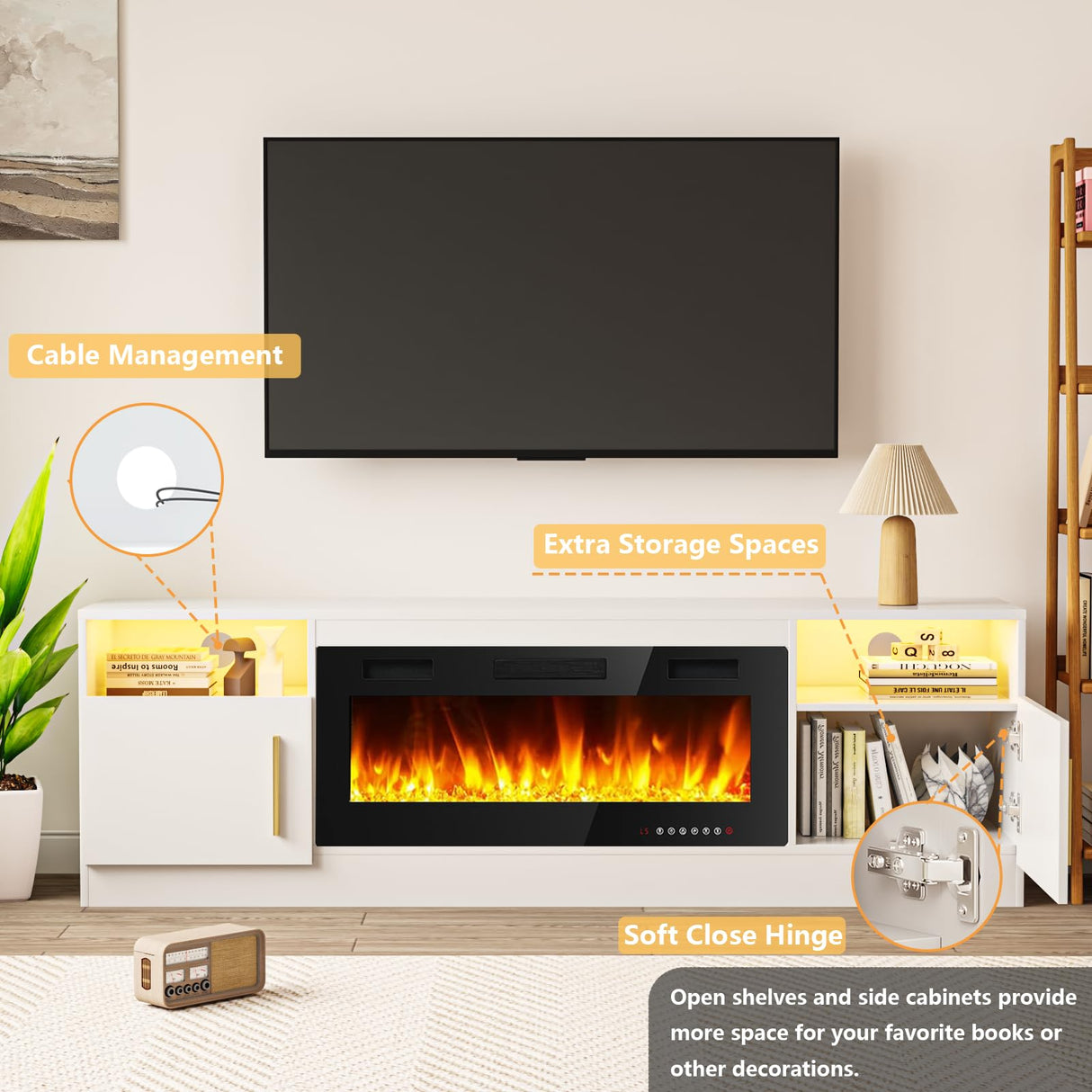 TAVATA Fireplace TV Stand Entertainment Center with 36" Fireplace, 70" Wooden TV Stand for TVs Up to 80",Media TV Console with High Gloss Storage Cabinet and 16 Colors LED Lights (White) TAVATA