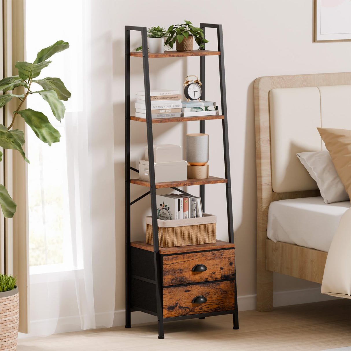 Furologee 4-Tier Ladder Shelf,Small Bookshelf with 2 Drawers,Vertical Bookcase Storage Rack Organizer,Rustic Bookshelves for Living Room,Bedroom,Bathroom,Home Office,Kitchen,Rustic Brown Furologee