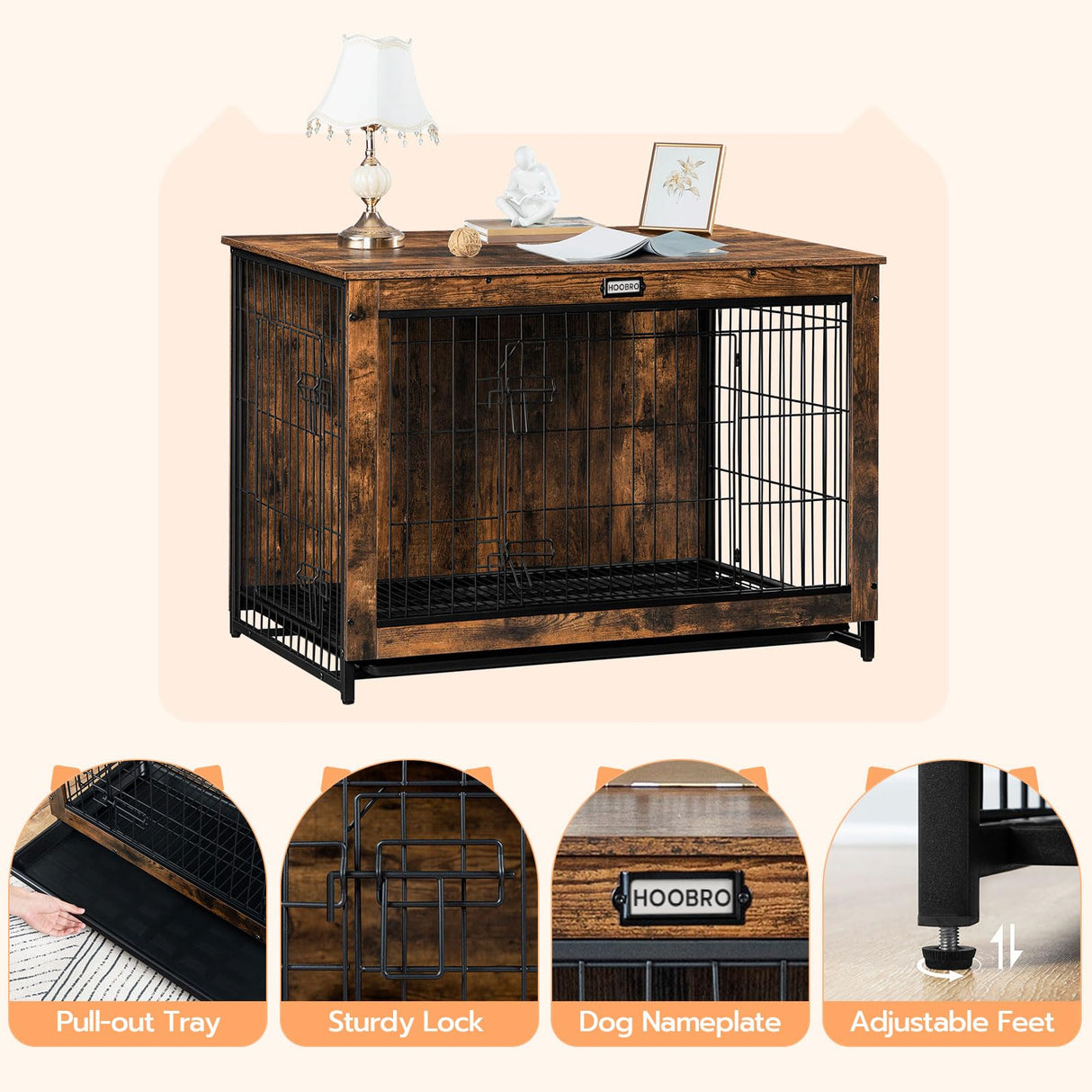 HOOBRO Dog Crate Furniture, Large Dog Kennel Indoor, 38.6" Wooden Pet Furniture with Pull-Out Tray, Double Door Modern Side End Table for HOOBRO