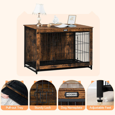 HOOBRO Dog Crate Furniture, Large Dog Kennel Indoor, 38.6" Wooden Pet Furniture with Pull-Out Tray, Double Door Modern Side End Table for HOOBRO
