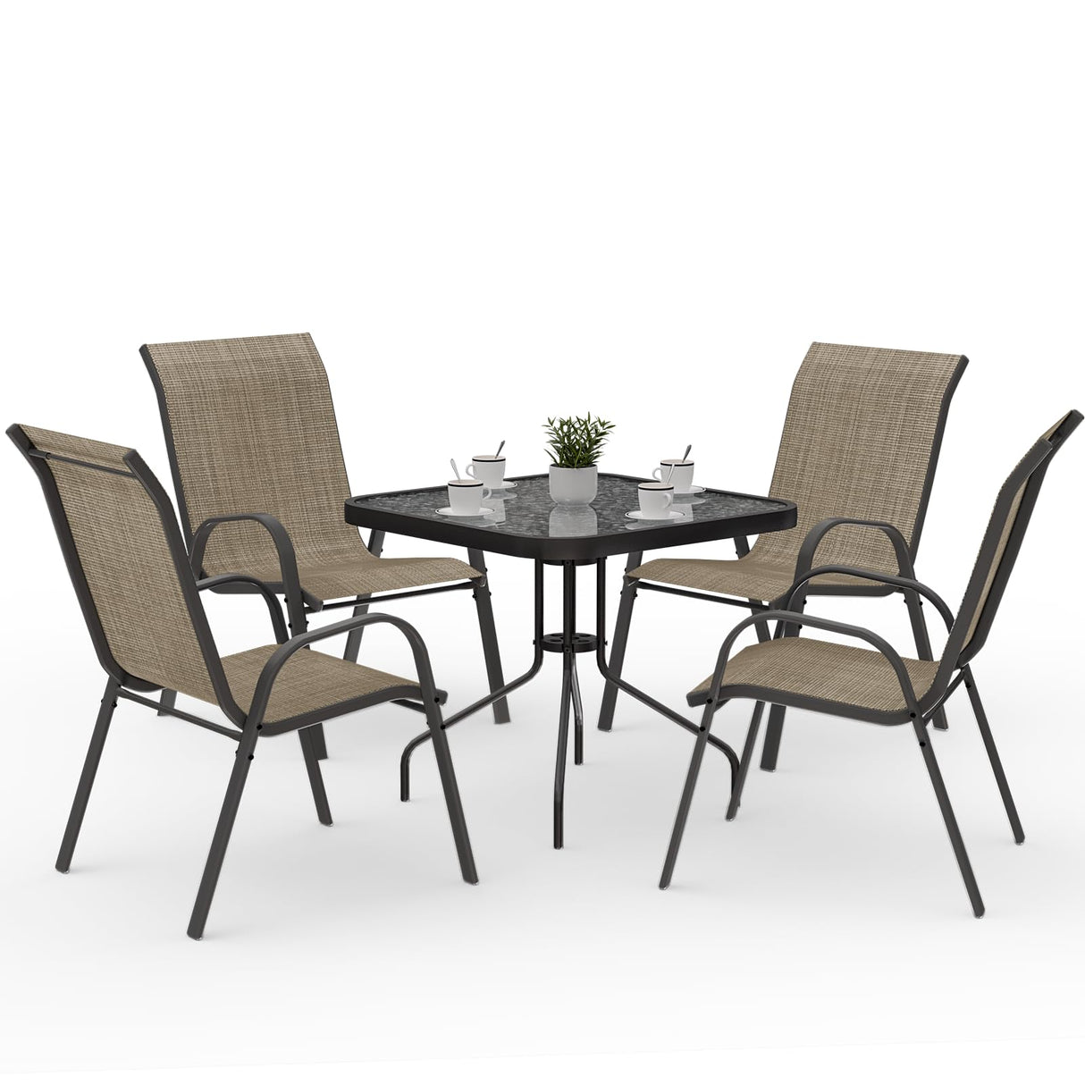 Amopatio Outdoor Dining Set of 5, Patio Table and Chairs Set, Textured Glass Tabletop, 4 Stackable Patio Chairs, Patio Furniture, Balcony, Porch, Lawn- Brown Amopatio
