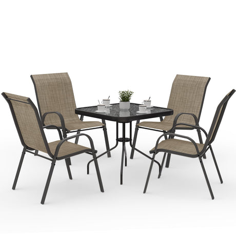 Amopatio Outdoor Dining Set of 5, Patio Table and Chairs Set, Textured Glass Tabletop, 4 Stackable Patio Chairs, Patio Furniture, Balcony, Porch, Lawn- Brown Amopatio