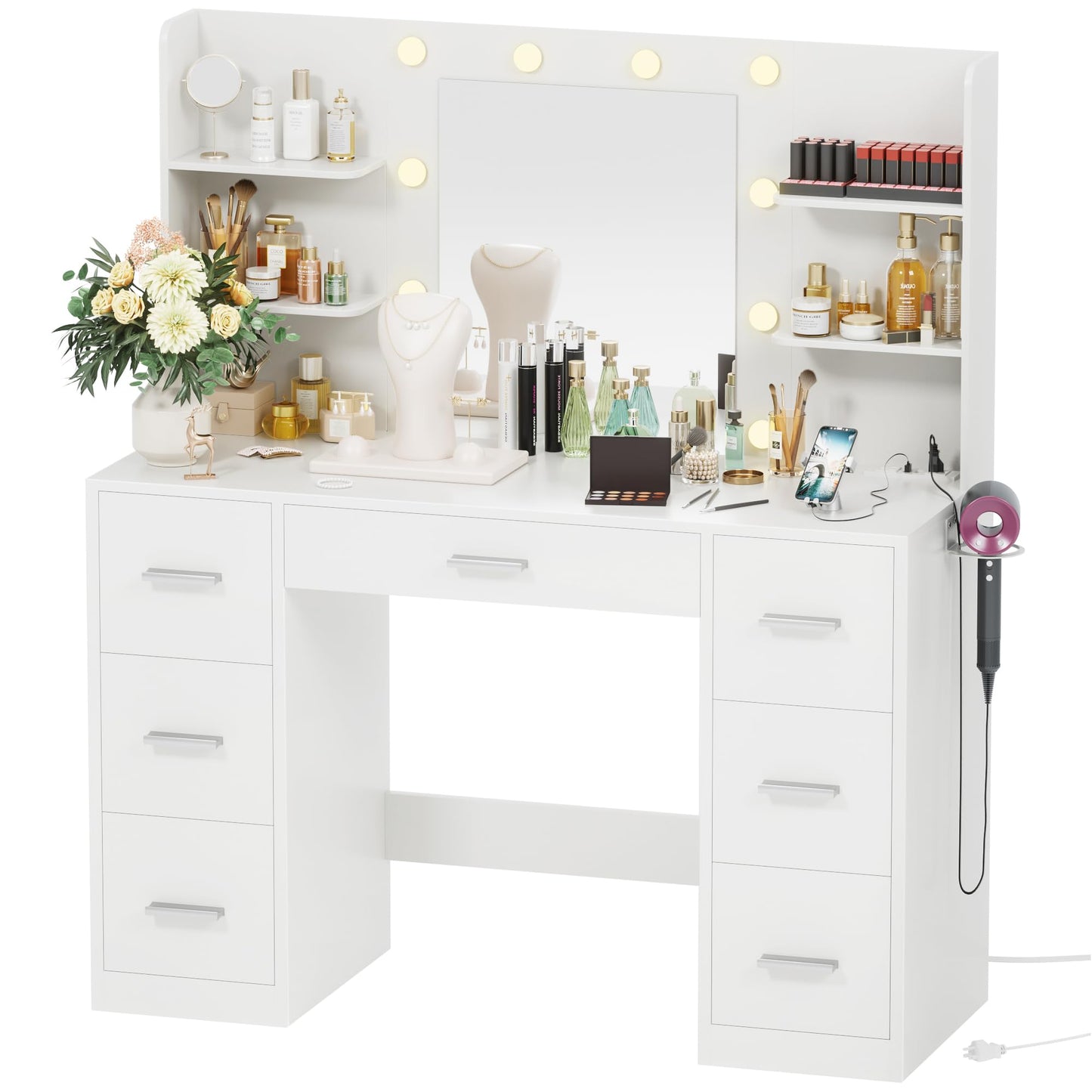 VICTONE Vanity Desk with LED Lighted Mirror&Power Outlet, 3 Model Lights Makeup Vanity Table with 7 Drawers and 6 Storage Shelves for Bedroom and Dressing Room (White) - WoodArtSupply