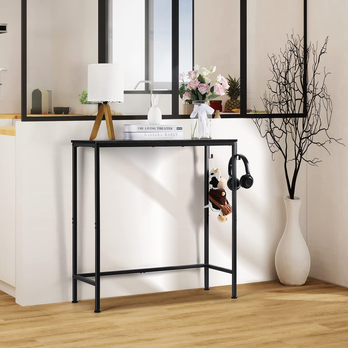 Black Console Table Narrow Modern Entryway Table Small Behind Couch Table Skinny Sofa Table Hallway Table with Hooks for Living Room Foyer Bedroom Corridor Office BTY