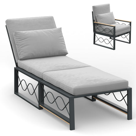 AECOJOY Outdoor Metal Chaise Lounge Chair, Convertible Patio Armchair with Cushions, Adjustable 5-Position Sun Recliner with Full Flat Tanning Function for Outside, Pool, 1 Pack AECOJOY