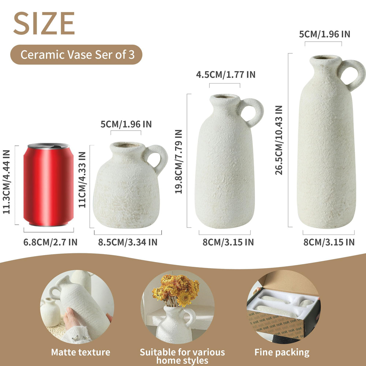 Ceramic Vase Set of 3 with Handle, Neutral Rustic Vases Home Decor Farmhouse Decorative Vase Whitewashed Pottery Decor Modern for Table Mantel Entryway Bookshelf Living Room Kitchen Bedroom - White ooit