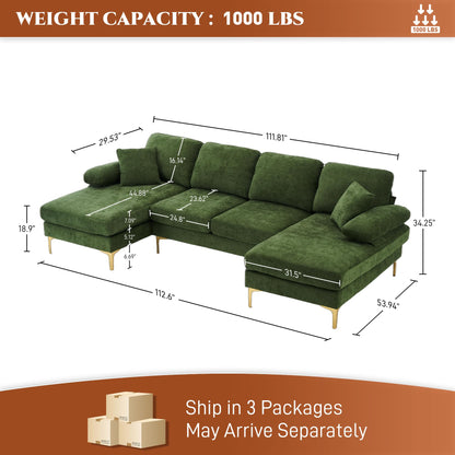 OUYESSIR U-Shaped Sectional Sofa Couch, 4 Seat Sofa Set for Living Room, 110.6" L-Shaped Chenille Sleeper Couch Set with Double Chaise Lounge (Green)