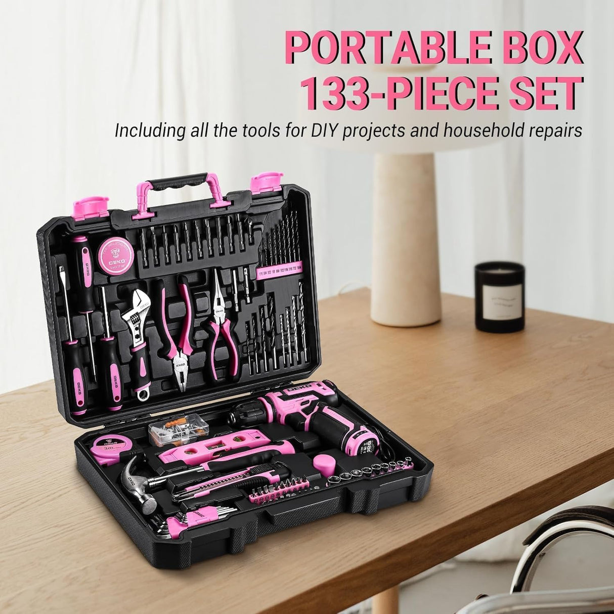 Pink Drill Tool Set Kit: Power Cordless Drill Tool Box with 12V Battery Electric Pink Drill Driver Set for Women Home Hand Repair Tools Sets Drills Case DEKOPRO