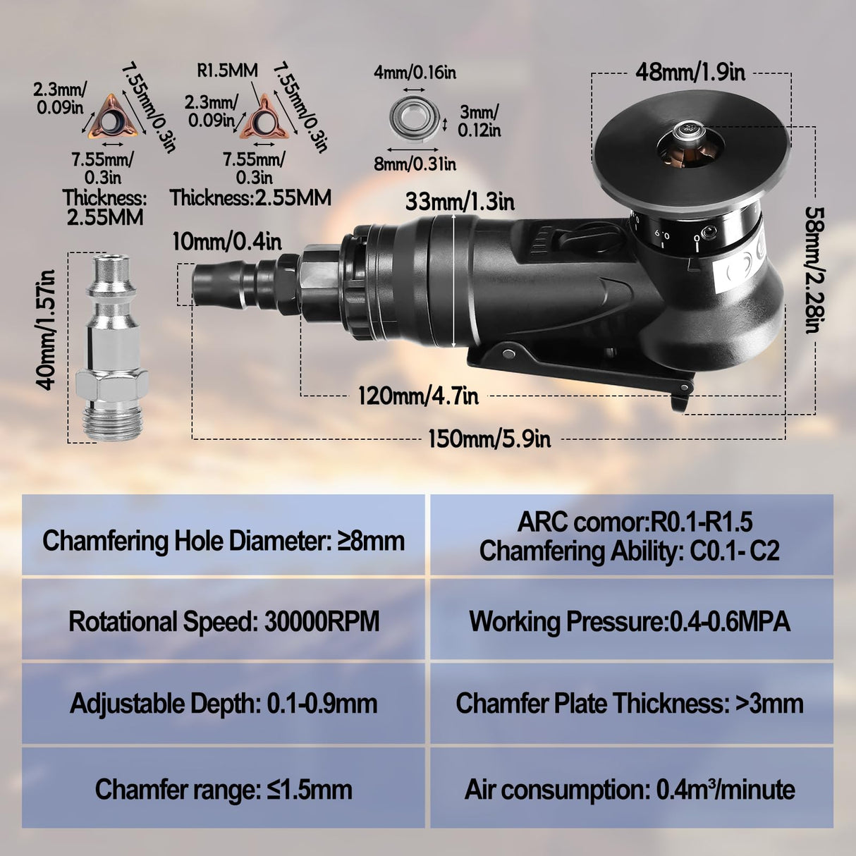 Pneumatic Chamfering Tool Handheld, Mini Air-Powered Chamfering Machine Trimming, 45° Arc Corner with 1/4 Inch Air Inlet for Metal Wood Beveling Deburring (C&R Angle Blades) dcvbny