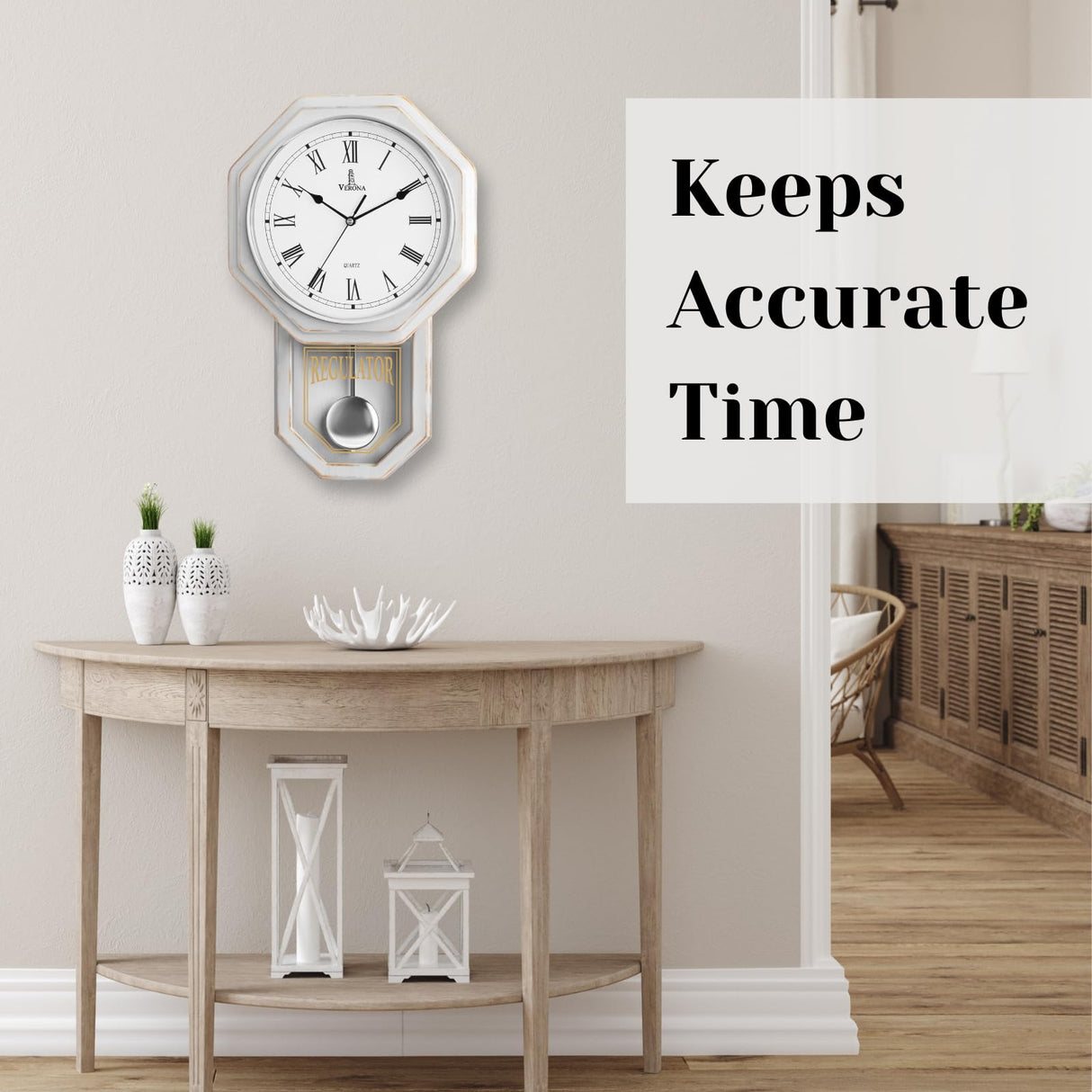 White Pendulum Wall Clock - Rustic Wooden Farmhouse Wall Clock - Regulator Clock Battery Operated - Wood Pendulum Clock - Decorative Wall Clocks for Living Room Decor, Home, Office and Gift 18x11 Lovely Home Essentials