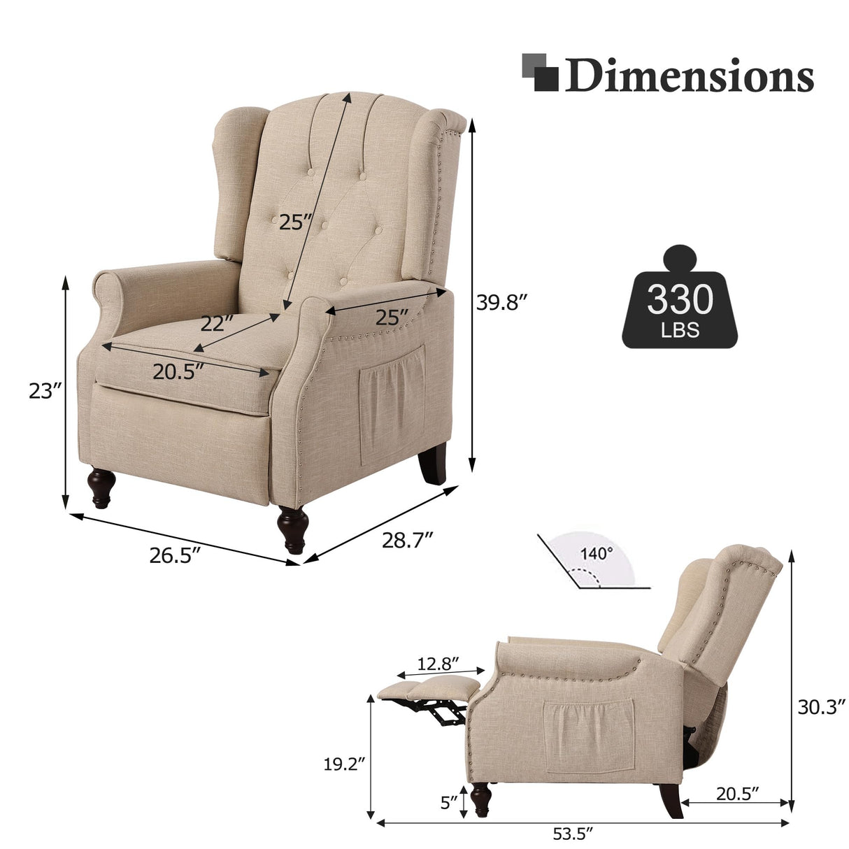 B BAIJIAWEI Set of 2 Recliner Wingback Chairs - Tufted Arm Chairs with Massage, Heat & Remote Control - Fabric Push Back Recliner with Heating Function, Adjustable Backrest (Beige) B BAIJIAWEI