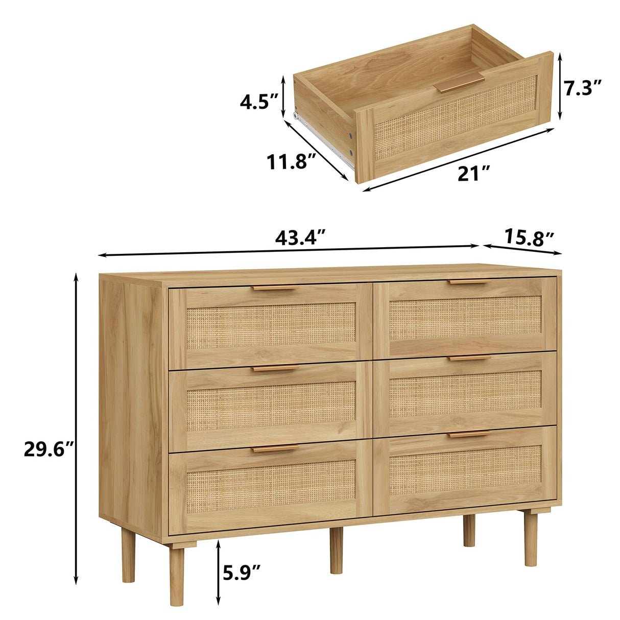 Furniouse 6 Drawer Rattan Dresser for Bedroom Wood Boho Dressers with Solid-Wood Legs & Natural Real Rattan Drawer, Modern Chest of Drawers Beside Table for Bedroom, Living Room Furniouse