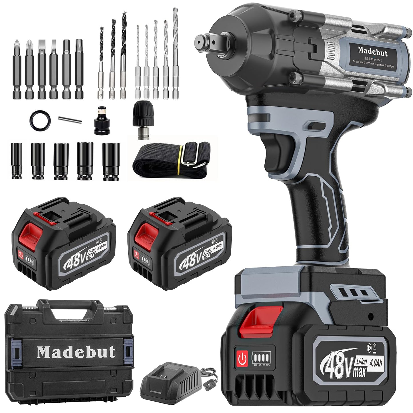 Cordless Impact Wrench,3-speeds Cordless Impact Gun with 2*4.0Mah, 1000N.m (740Ft-lbs) Electric Impact Erench with 5 Sleeves, High Torque 1/2 Impact Wrench, Power Impact Wrenches for Home Car - WoodArtSupply