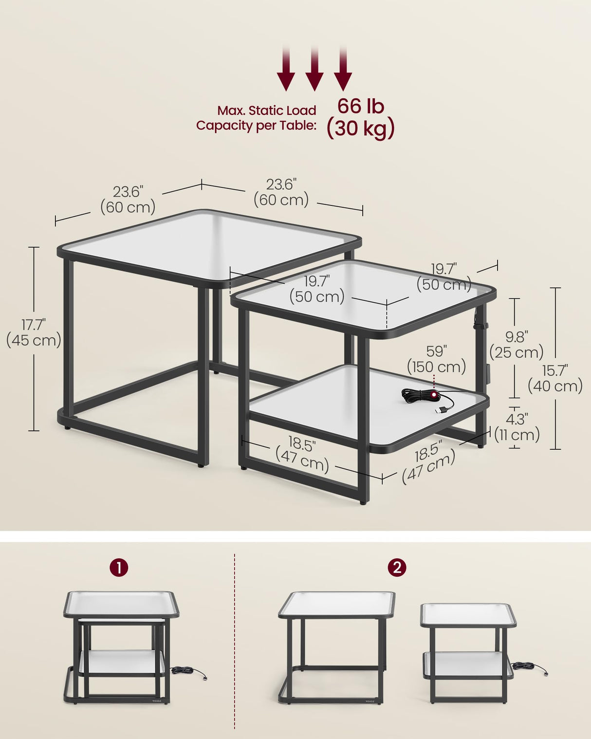 VASAGLE Nesting Tables, Frosted Glass Coffee Table with LED Lights, Modern Square Side Tables with Bottom Shelf, for Living Room, Bedroom, Office, Cloud White and Ink Black (Set of 2) VASAGLE