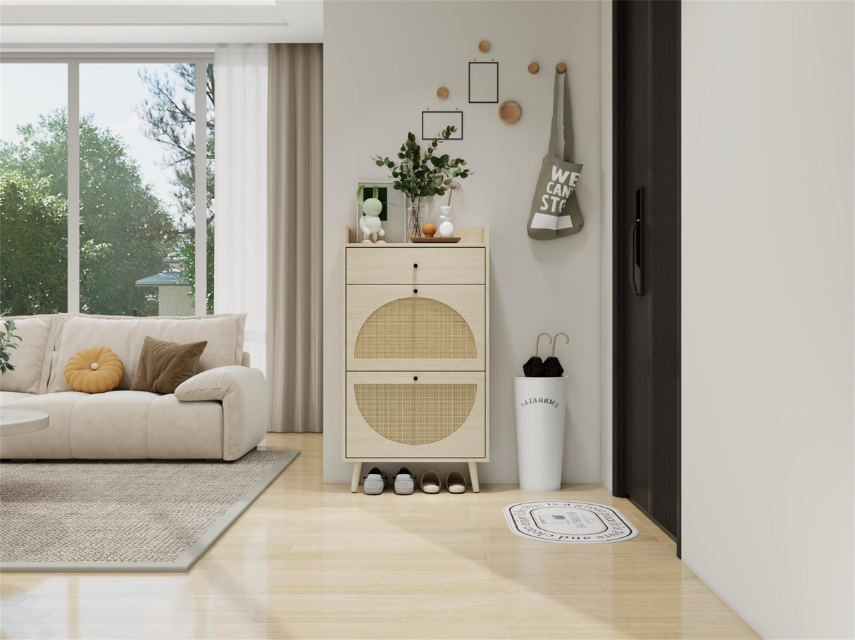 ZeHuoGe Natural Rattan Shoe Cabinet with 2 Flip Drawers, 2-Tier Shoe Rack Storage Cabinet for Heels, Slippers, Free Standing Shoe Rack for Entrance Hallway (Natural) ZeHuoGe