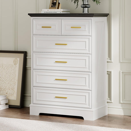 Virabit White Dresser for Bedroom with 6 Drawers, 44" Tall Wooden Farmhouse Cabinet, Modern Kids Dresser with Metal Handle, Mid Century Chest of Organizer for Closet, Living Room, Hallway Virabit