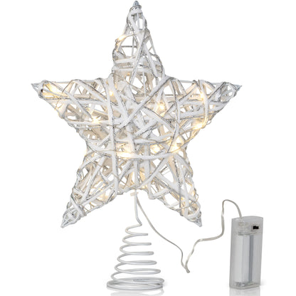 Ornativity Christmas Star Rattan Tree Topper – White and Silver Xmas Holiday Decor Rustic LED Lights Light Up Tree Top Topper Ornament Decoration 12"