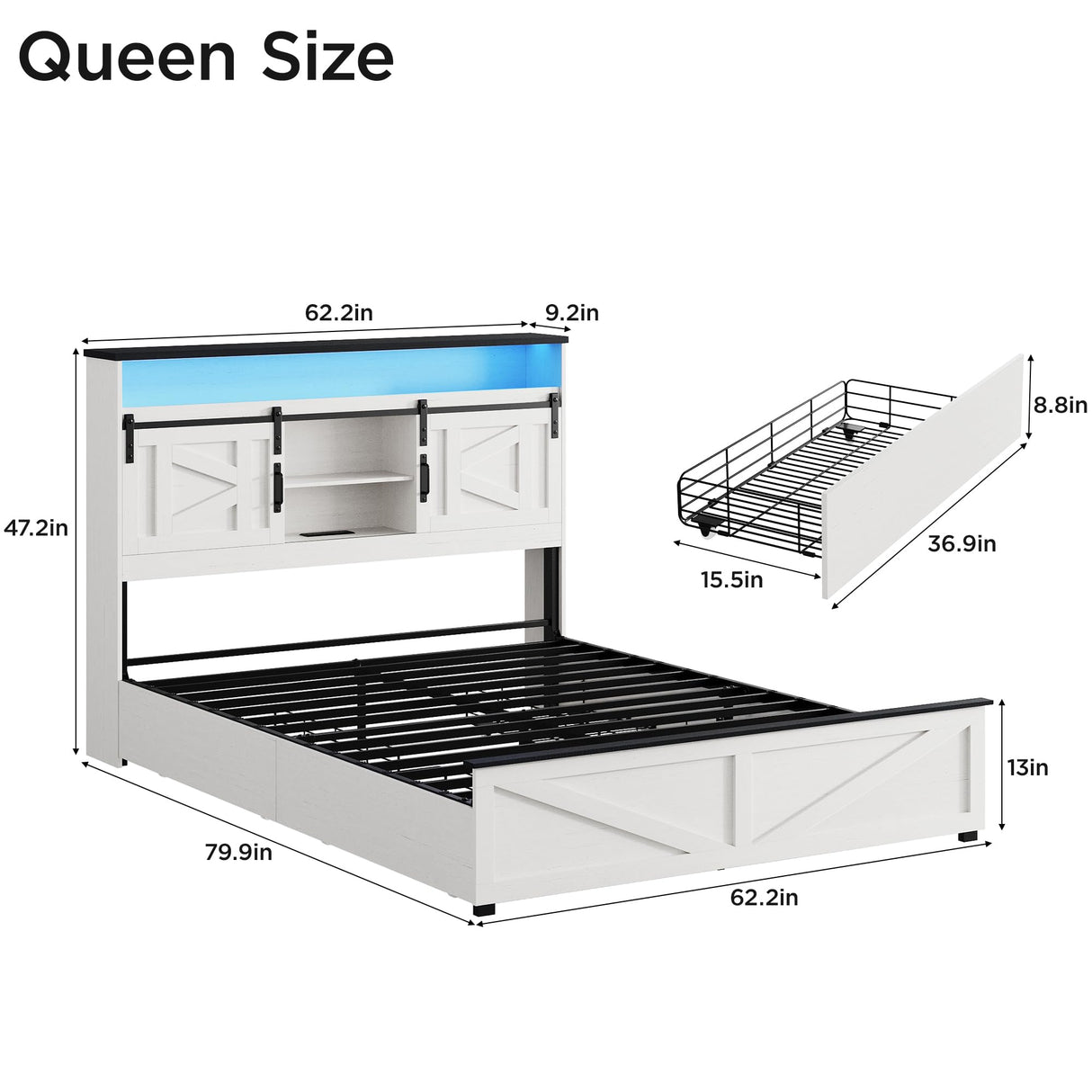 Maupvit Farmhouse Queen Size Bed Frame with 4 Drawers and Bookcase Headboard, Sliding Barn Door Storage Shelves, Charging Station，LED Light Metal Platform Bed Frame No Box Spring Needed, White Door K Maupvit
