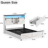 Maupvit Farmhouse Queen Size Bed Frame with 4 Drawers and Bookcase Headboard, Sliding Barn Door Storage Shelves, Charging Station，LED Light Metal Platform Bed Frame No Box Spring Needed, White Door K Maupvit